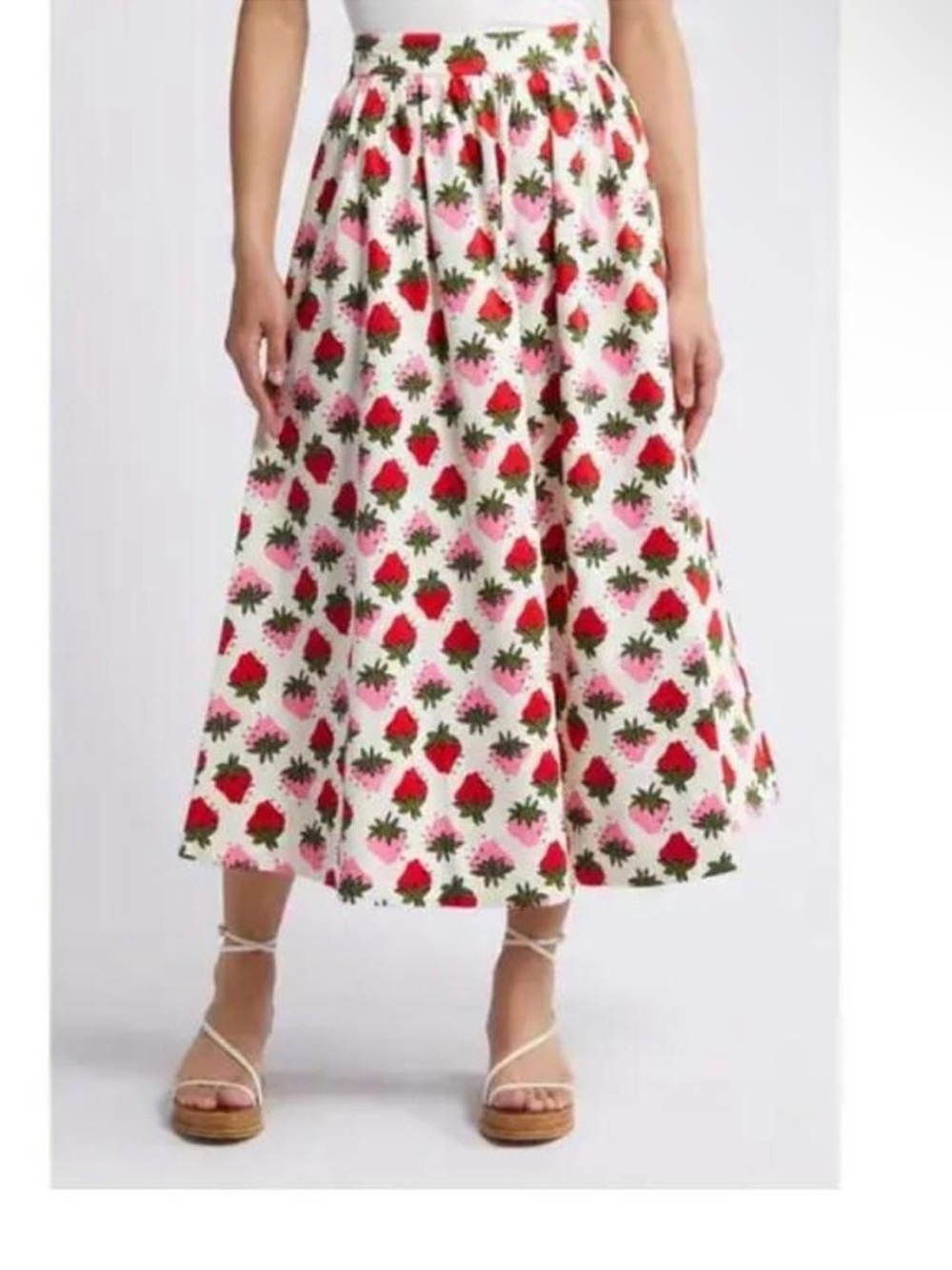 ISO Boden Strawberry-Print Midi Skirt - White/Pink/Red